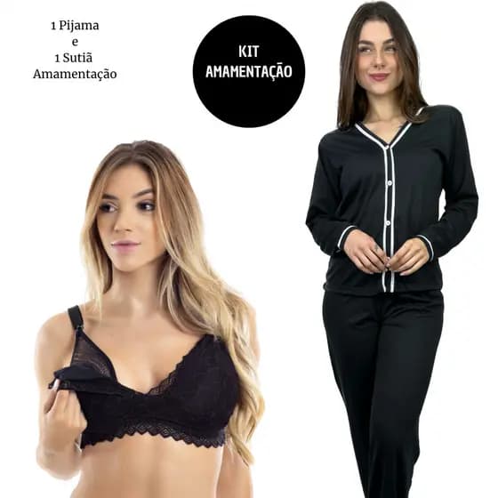 Kit Gestante Pós Parto Pijama Americano Blogueirinha Abertura Botão Sutiã Amamentação Reforçado Kit Maternidade