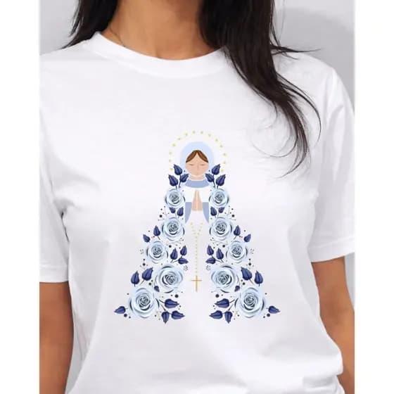 Camiseta Feminina Nossa Senhora Aparecida Floral Azul Estampa Católica Casual Camisa Tshirt
