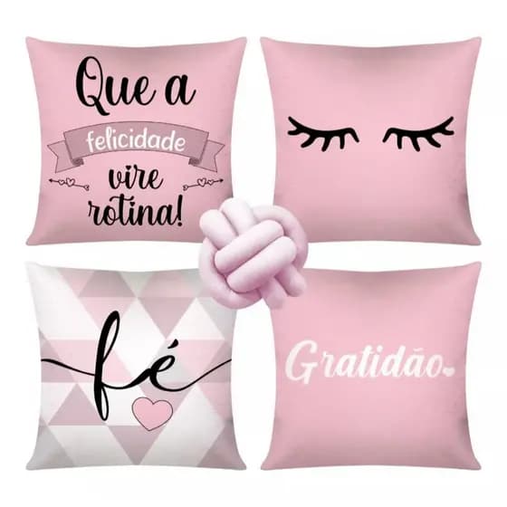 Kit 4 Almofadas Cheias Decorativas + 1 Almofada De Nó Felicidade Rosa