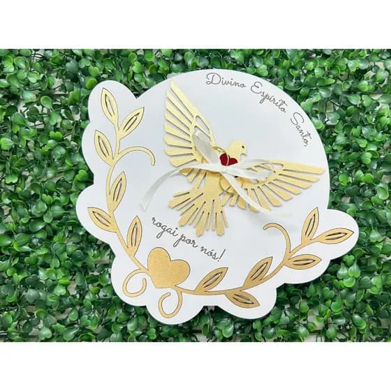Porta Alianças Divino Espírito Santo Rogai por nós em MDF Dourado Exclusivo