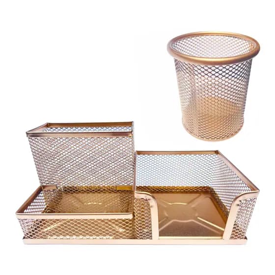 Kit 2 Organizador Aramado Porta Lápis Caneta Rose Gold Dourado Escritório Mesa