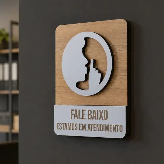 Placa Sinalização Fale Baixo MDF 17x13cm com Fita Dupla Face