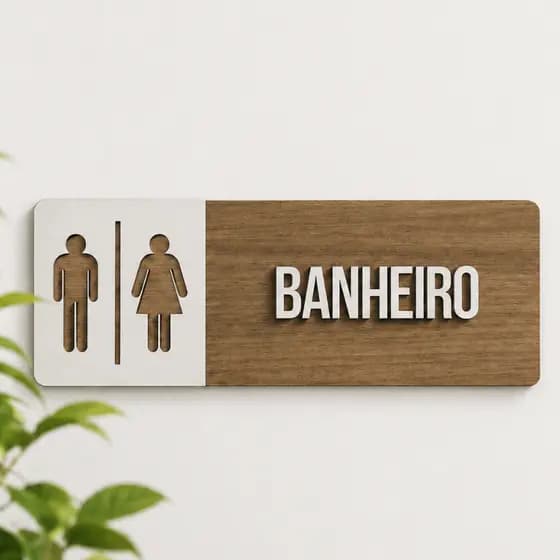 Placa de Sinalização Sanitário Banheiro Unissex Masculino e Feminino em MDF Fita Dupla Face