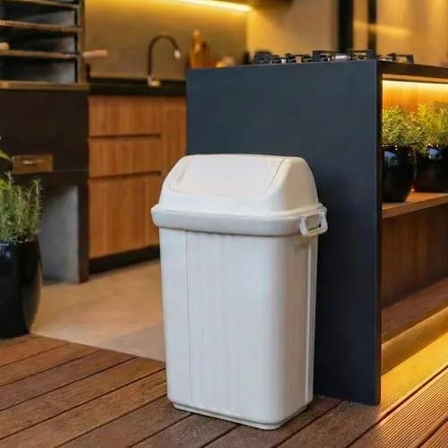 Lixeira 30l Cesto Tampa Basculante Lixo Reforçada Com Alça Bege