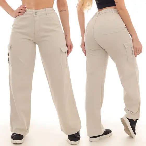 Calça Cargo Wide leg Feminina Sarja Bolso Lateral Flare Pantalona