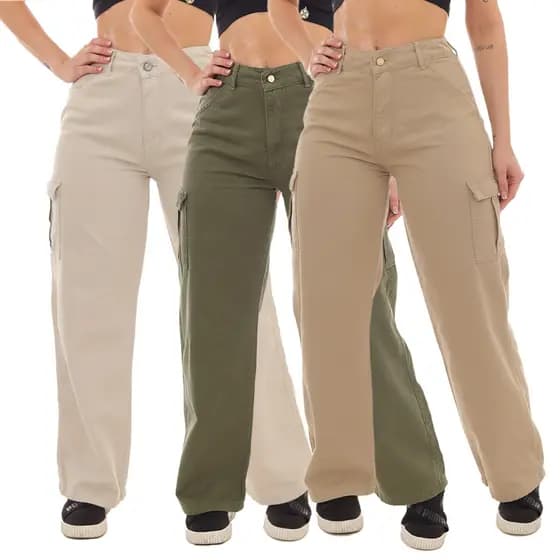 Calça Feminina Wide Leg Cargo Sarja Com Bolso Moda Blogueira Tendência