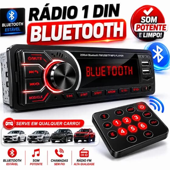 Rádio Automotivo Bluetooth 1 DIN USB SD FM RCA Controle Remoto Universal