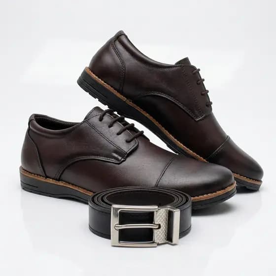 Kit Sapato Social Masculino Couro Legítimo Derby Cadarço Cinto