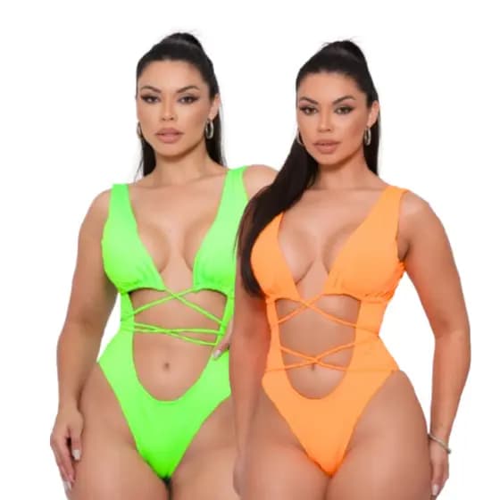 Kit 02 Body Maiô Verde + Laranja Isabely Feminino Moda Praia
