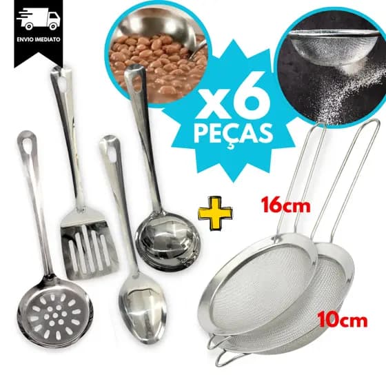 Kit Espatula Escumadeira Colher de Arroz Concha+ 2 Peneiras 6 Peças Utilidades INOX Cozinha Casa