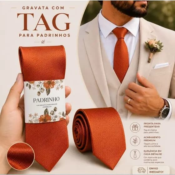 GRAVATA TERRACOTA COM TAG PARA PADRINHOS DE CASAMENTO GRAVATA SLIN