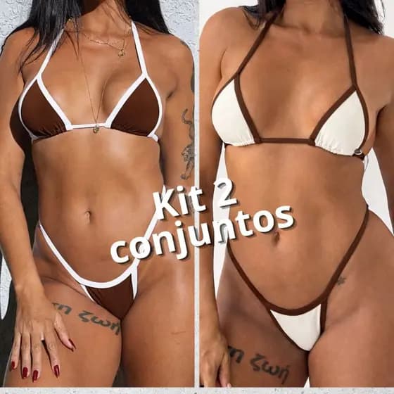 kit 2 biquíni conjunto fita cortininha fio dental bronze bicolor