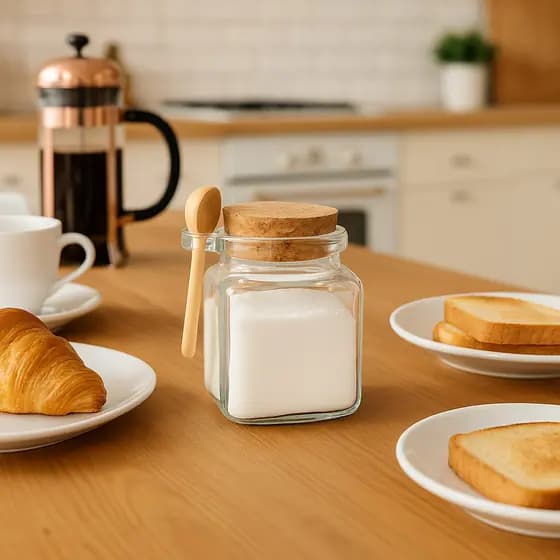 Porta Açúcar Vidro 260ml + Colher de Madeira – Cozinha Organizada