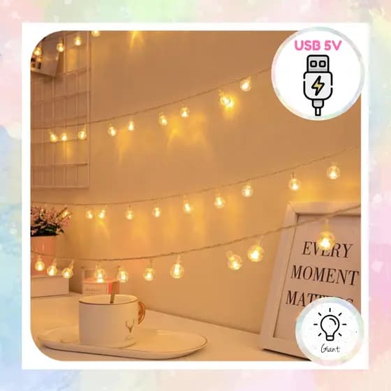 Varal 40 Bolinha Cristal LED Cordão 4 metros Luz Amarela Fixa / Parada USB 5v Decoração e Natal Festas Eventos Casa Casamento Aniversário Quarto Boho Luxo