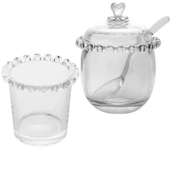 Kit Açucareiro e Colher de Vidro + Porta Talher Coração Lyor