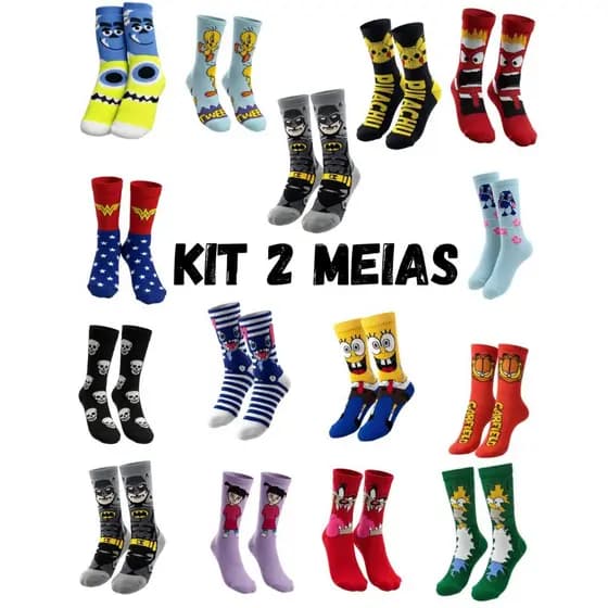 kit 2 Meias Divertida Cano Longo Estampada Personagem Meia TematicaTamanho 35 ao 44