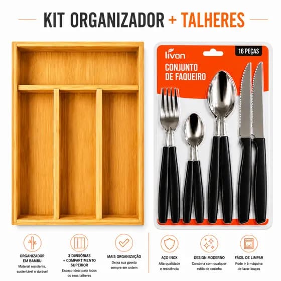 Kit Porta Talheres em Bambu + Conjunto de 16 Talheres Inox + cabo Preto Organizador Multiuso