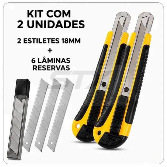 Kit Estilete Profissional Ergonômico 18mm Emborrachado Com Trava de Segurança + Lamina Segmentada STX