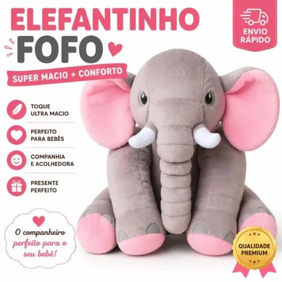 Almofada Elefante de Pelúcia 60cm Travesseiro Para Bebê Dormir Confortavel