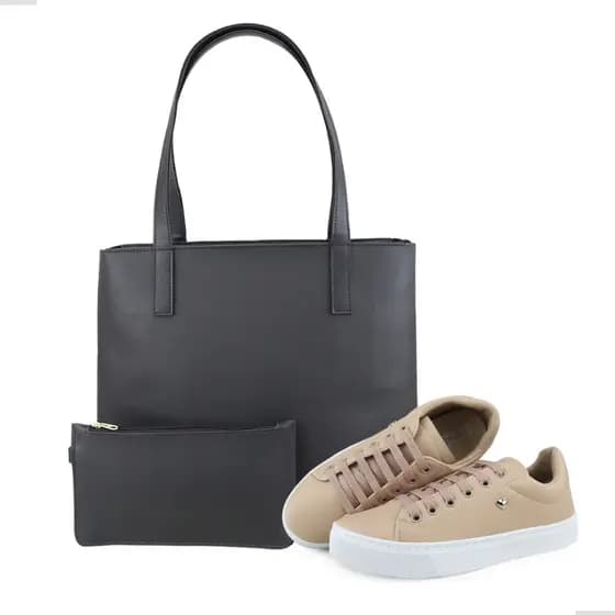 KIT CASUAL MODERNO COM TENIS SAPATENIS NUDE PINGENTE CORAÇÃO COM BOLSA SACOLA NECESSAIRE