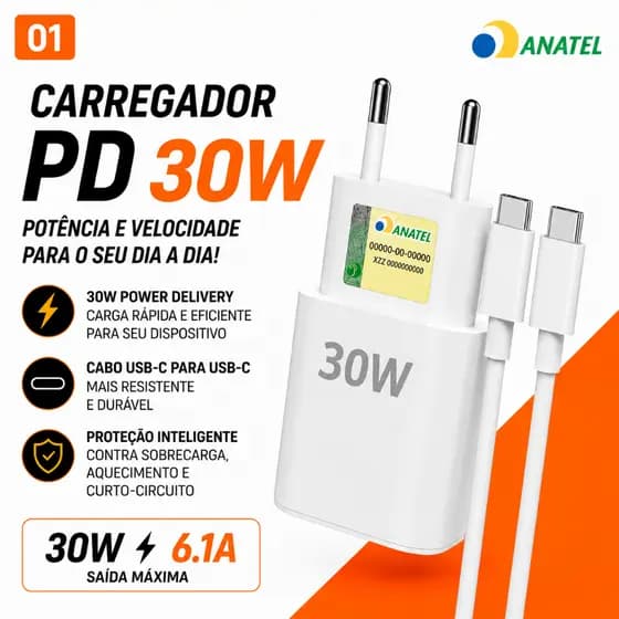 Carregador Turbo 30W PD com Cabo Tipo-C para Tipo-C Carga Rápida Compatível com Celulares USB-C