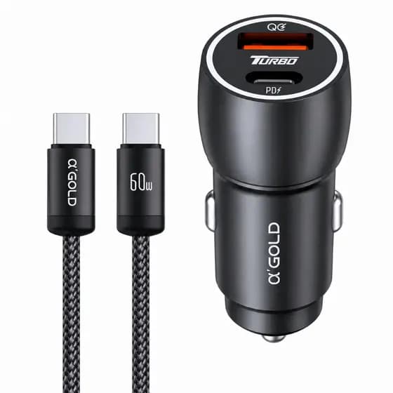 Carregador Veícular Turbo 60W PD + USB-C Com Cabo TIPO C LIGHTNING Compatível Com Android e iPhone