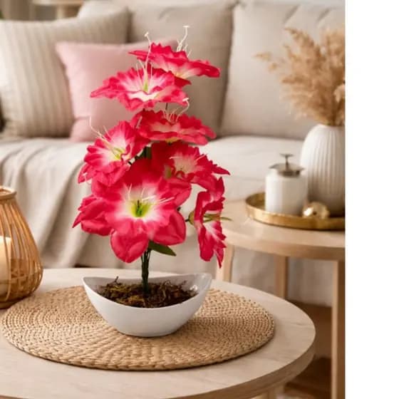 Arranjo completo flores Hibiscus Artificial Toque Real 3d + Vaso branco