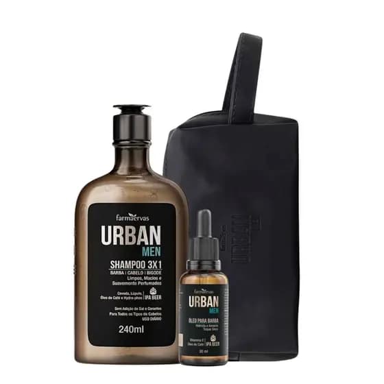 Kit Urban Men Cabelo Corpo Barba Shampoo 3x1 + Óleo Barba +Necessaire Masculina, Presente Para Homem, Cuidado Masculino