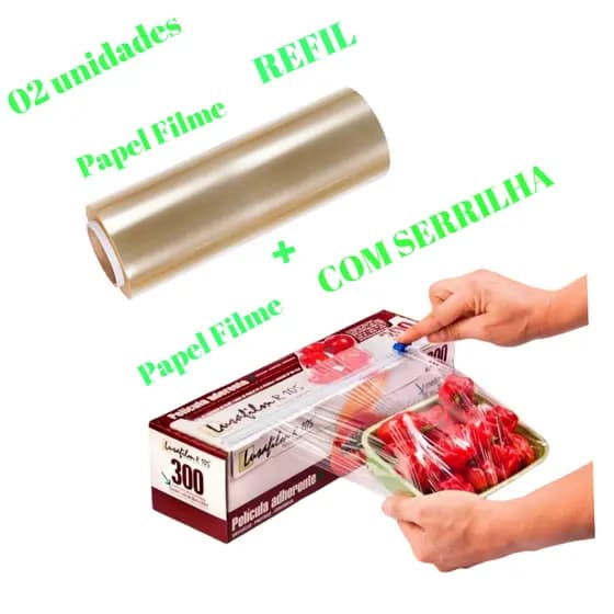 kit 2 unid. plástico filme embalagem de alimento com Serrilha corte mais REFIL reserva reposição