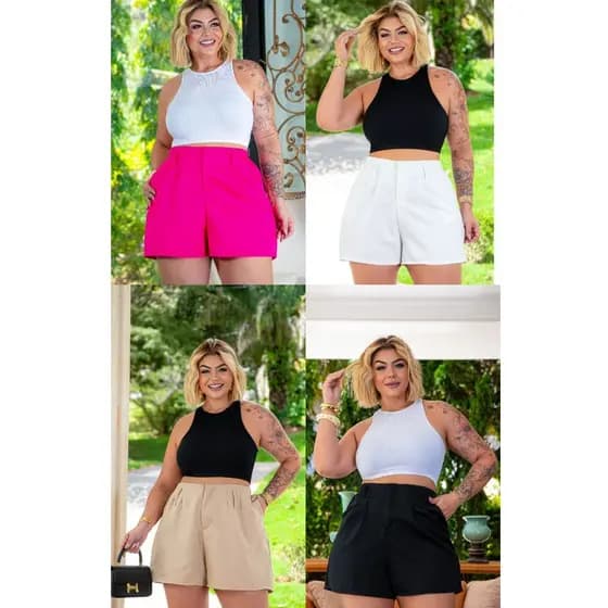 Kit 2 Bermudas Feminina Crepe Plus Size Cintura Alta Com Zíper Veste 48 ao 58 All Curve
