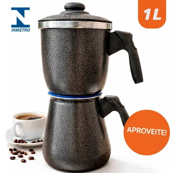 Cafeteira Italiana de Fogão 1L Alumínio Polida e Craqueada – Design Craquelado Certificado INMETRO
