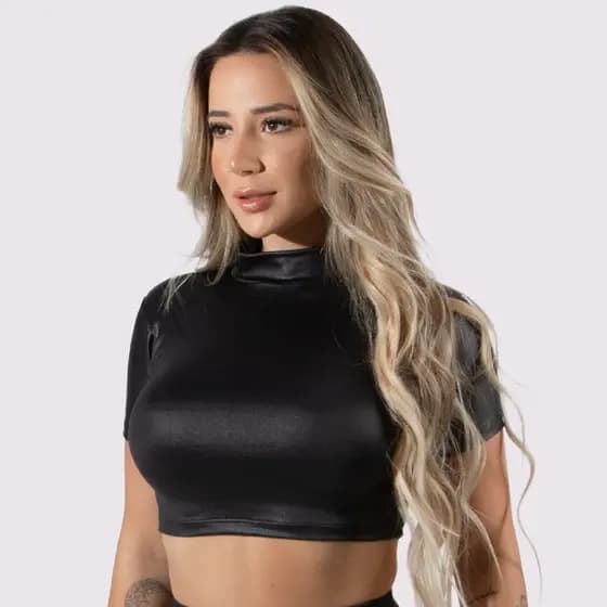 Blusa Cropped Cirre 4 Estações Feminino Casual Couro Fake Preto