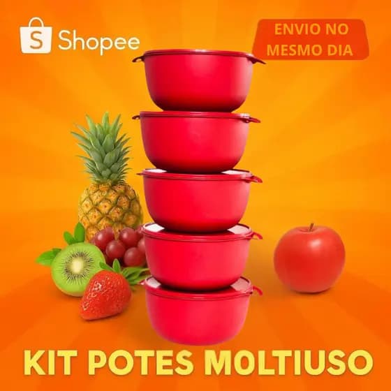 Kit 5 potes Bowl 2.8 litros - para mantimentos grande de plástico