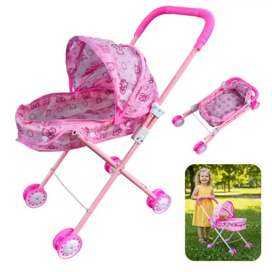 Carrinho de boneca dobrável para meninas passeio divertido rosa
