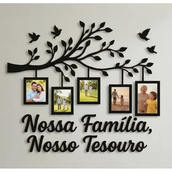 Quadro Decorativo Árvore da Família MDF com Molduras para Fotos Nossa Família Nosso Tesouro
