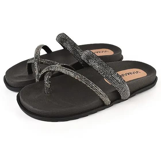 Sandália Rasteirinha Chinelo Via Mariza Confortável com Brilho Strass
