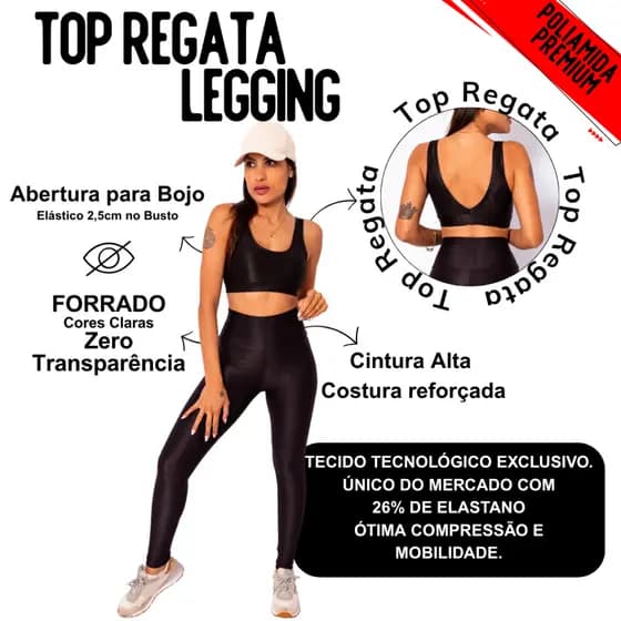 Conjunto Fitness Feminino Top Regata + Legging Cintura Alta Micro Canelada Poliamida Premium Academia