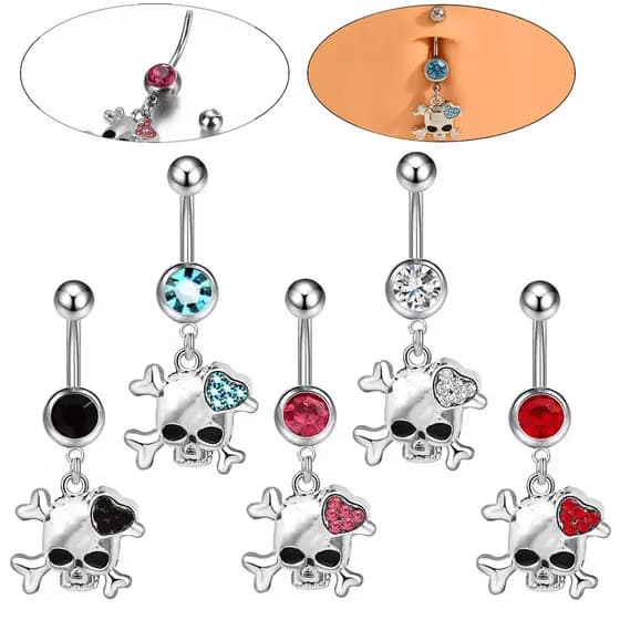 Anel de umbigo perfurado em aço inoxidável mais vendido, com caveira e diamante, joia de piercing corporal para o Hallow