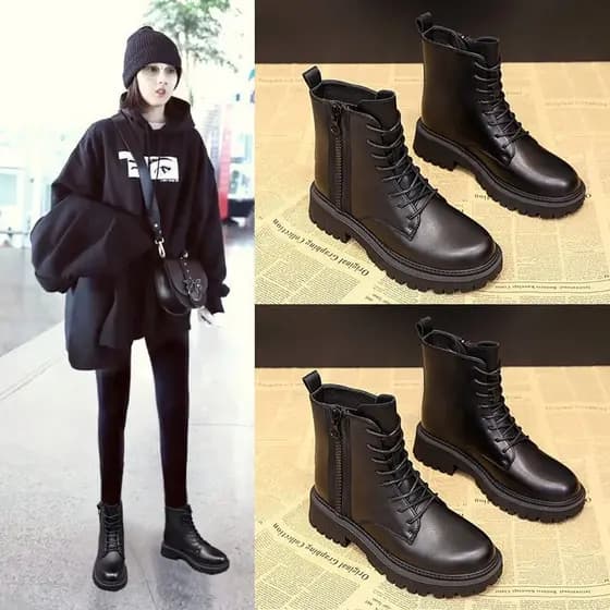 3409 Botas Martin de Couro Macio Feminino Estilo Britânico Botas Femininas Botas Curtas de Sola Grossa Botas Martin Aume