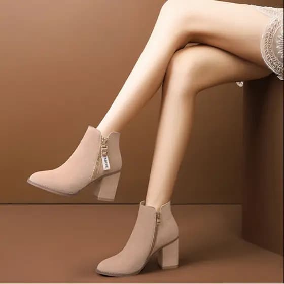 7581YE Botas femininas com zíper lateral Botas Martin Botas curtas de salto grosso Botas Anti-couro Botas nuas de camurç