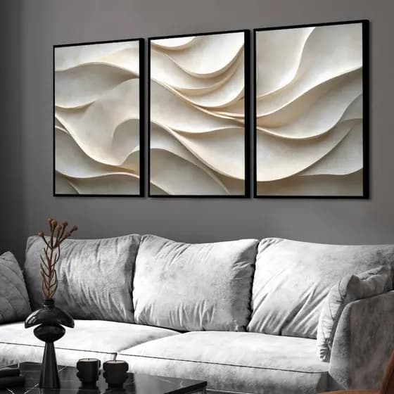 kit 3 quadro decorativo abstrato bege tons pastéis dourado minimalista luxo com molduras