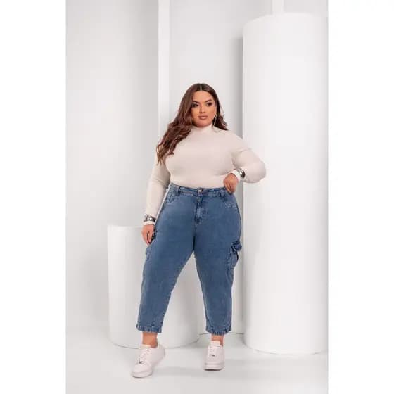 Calça Jeans Cargo Capri Plus Size Feminina