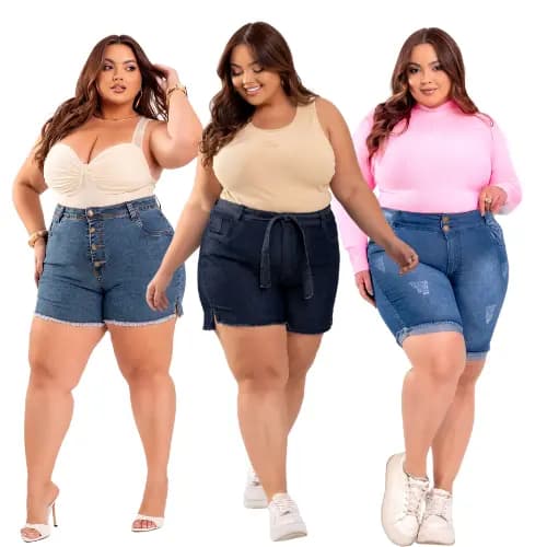 Short Jeans Plus Size com Elastano Feminino Cintura Alta Bermuda