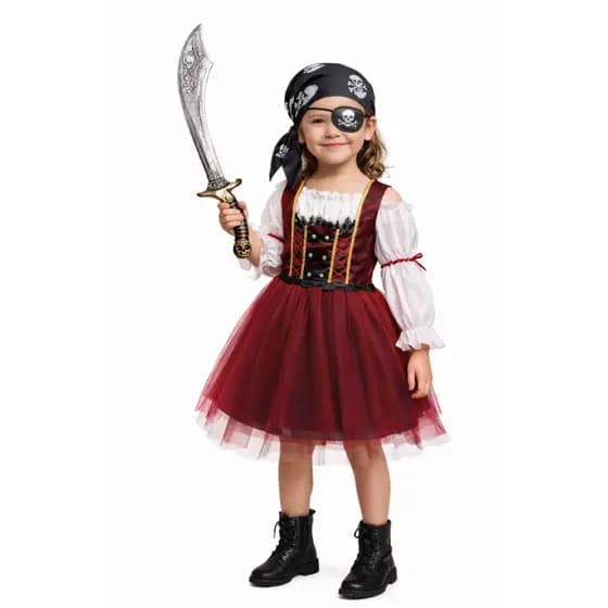 Fantasia Pirata Feminina Infantil Carnaval Luxo Cosplay Festa Aniversário Halloween 4 pçs Vestido Bandana Espada