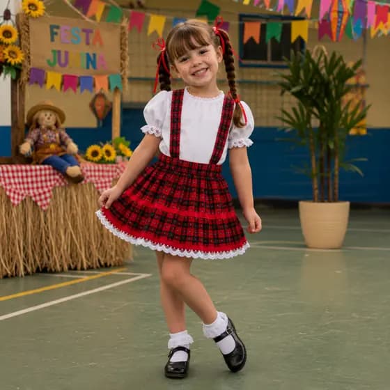 Saia com Suspensório Infantil Vestido de Quadrilha com Calção Festa Junina Junino Caipira São João Julino Arraiá