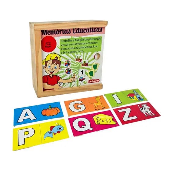 Jogo Memória Educativa Figuras e Letras Brinquedo Pedagógico Alfabetização Madeira - Carimbras