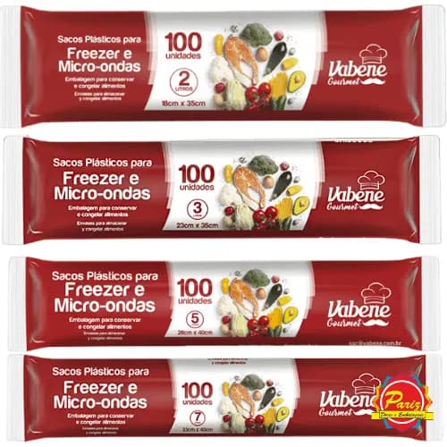 100 Saco Plástico para Freezer e Micro-ondas 2 L , 3 L, 5 L e 7 L - Vabene