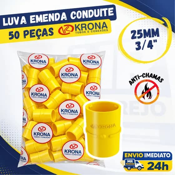 Kit 50 Luva Para conduite Pvc Amarela 3/4 25mm KRONA