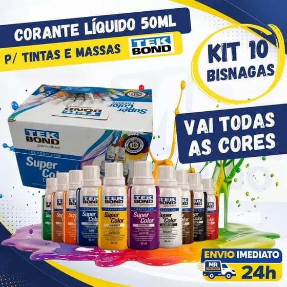 Kit 10 Corantes Pigmento Líquido TekBond para Tinta Acrílica e Látex Crie novas Cores Todas as Cores