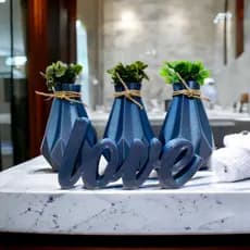 3 Mini Vasos Planta Artificial Com Letreiro Decoração Banheiro